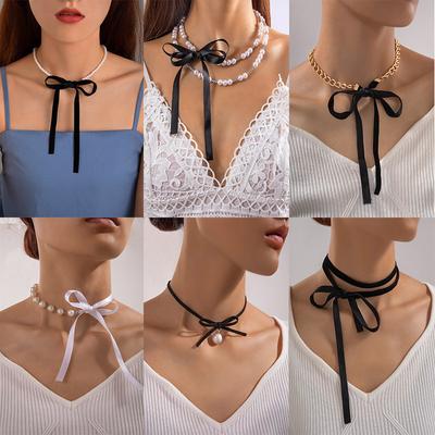 Accessories Baroque Pearl Round Bead Necklace Black Ribbon Bow Choker Temperament Strap Female