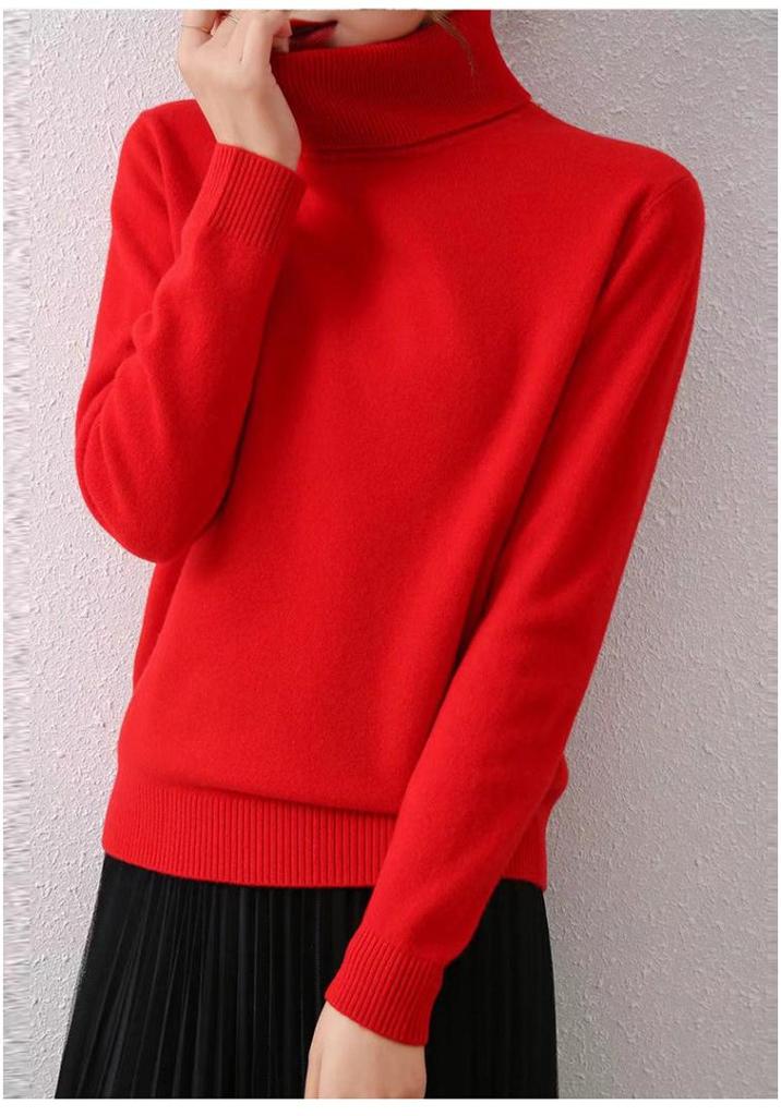 Women's Pure Wool High Neck Sweater - Loose, Slimming, Solid Color, Autumn/Winter Base Layer