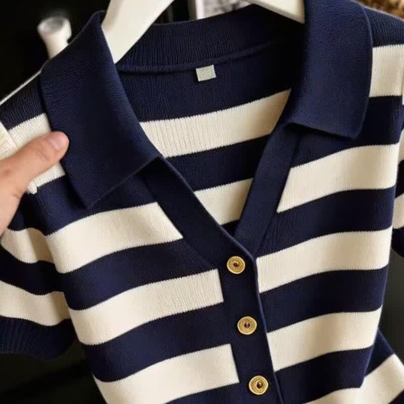 La Chapelle Women's Summer Thin Retro Striped Polo Knit Top