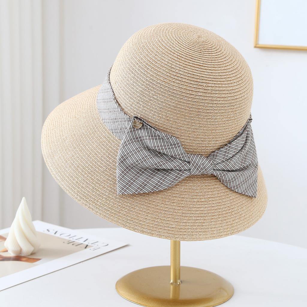 Korean Style Plaid Bowknot Bucket Hat Woven Sunshade Versatile Women's Summer Sunhat Fashionable Outdoor Protection