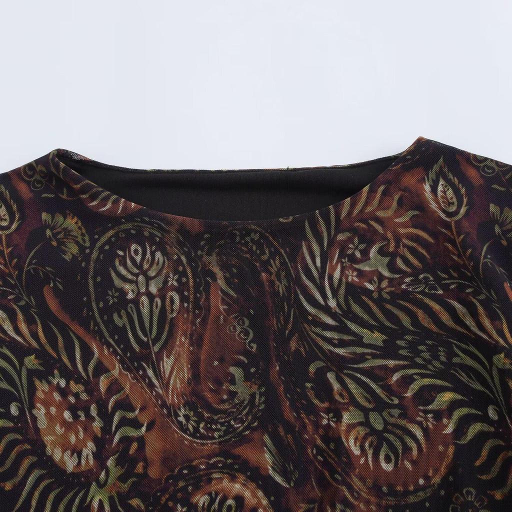 2024 Autumn Women's European & American Print Silk Waist-Hugging Long-Sleeve Short Dress