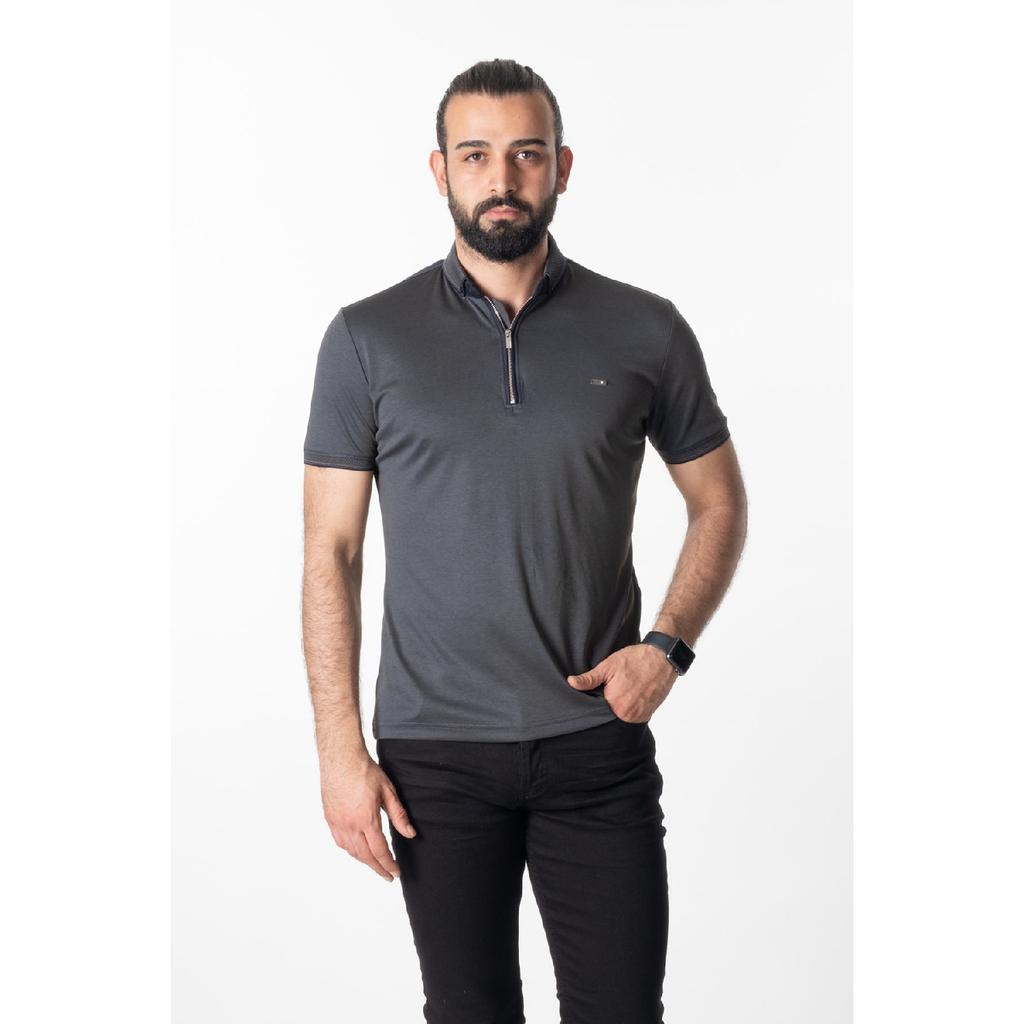 Tricou negru premium cu fermoar cu gât polo pentru bărbați