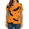 Women's Halloween Printed V-Neck Double Pocket Short Sleeves Hem Slit Uniform Caregiver Top