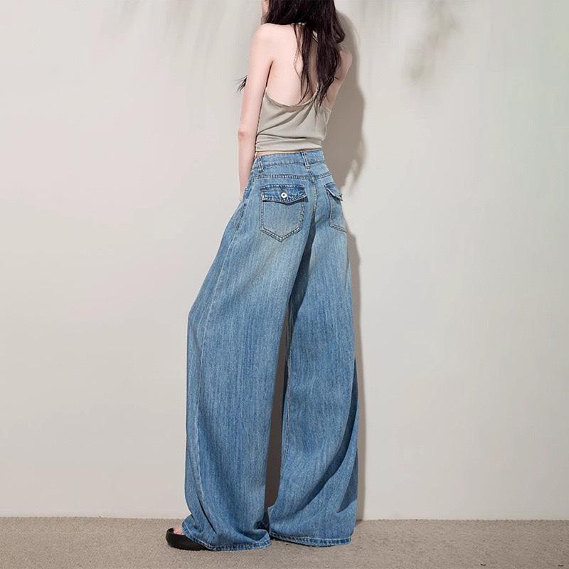 Blue High Waist Lysel Tencel Wide Leg Jeans Women's New Style Slimming Loose Fit Straight Cut Denim Pants
