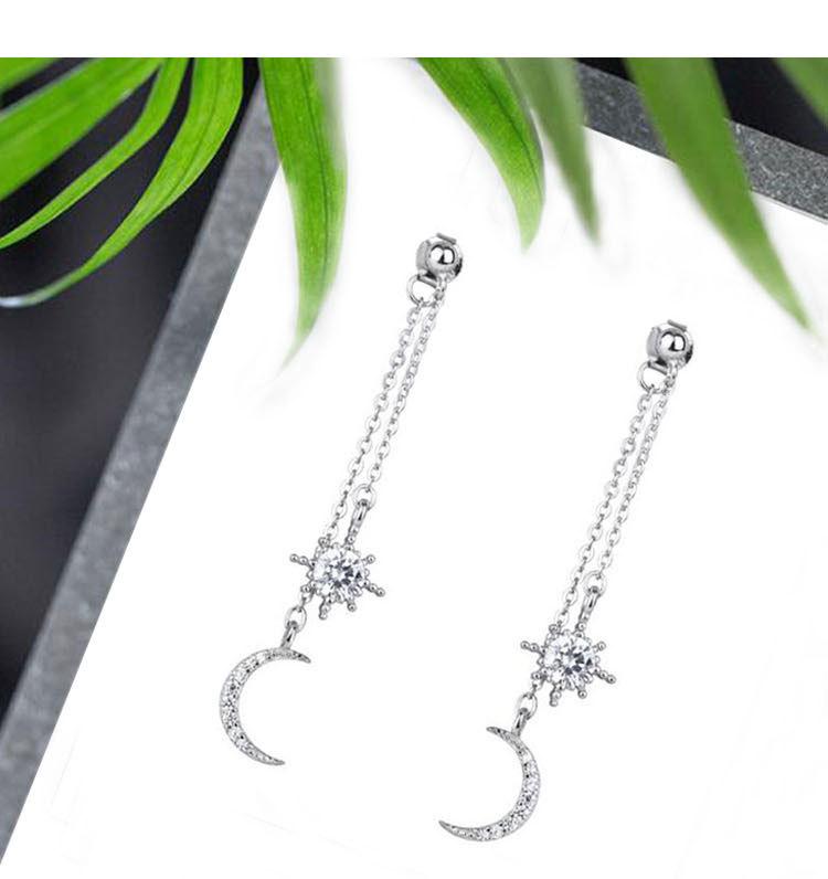 925 Sterling Silver Star & Moon Diamond Long Earrings for Women - Korean Fashion Jewelry