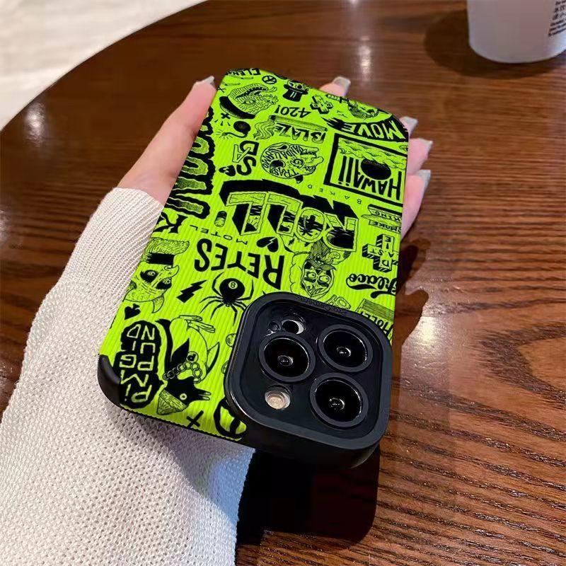 Shockproof Cute Doodle Green Color Pattern Silicone Case For iPhone 11 12 13 14 15 Pro Max Mini 8 7 Plus X XS XR Cartoon Cover