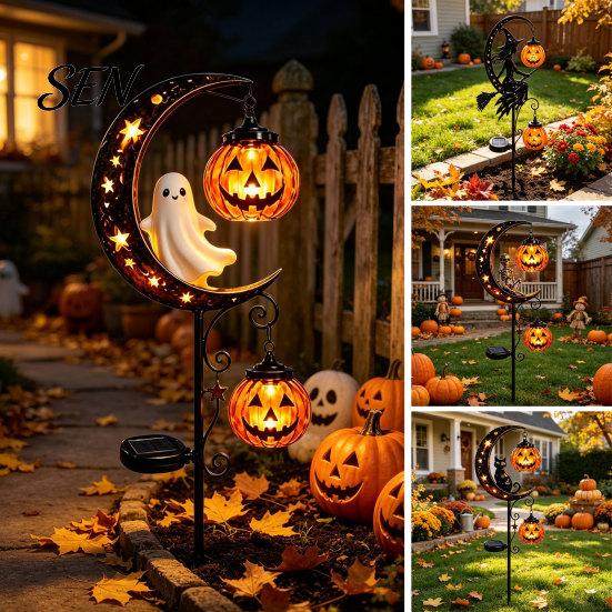 Gruselige Außen-Terrassen-Akzente Solar-Halloween Metall-Gartenstecker-Licht, Automatisches Ein-/Ausschalten Halbmond Schwarze Katze mit Hängenden Solarbetriebenen Laternen Kürbis