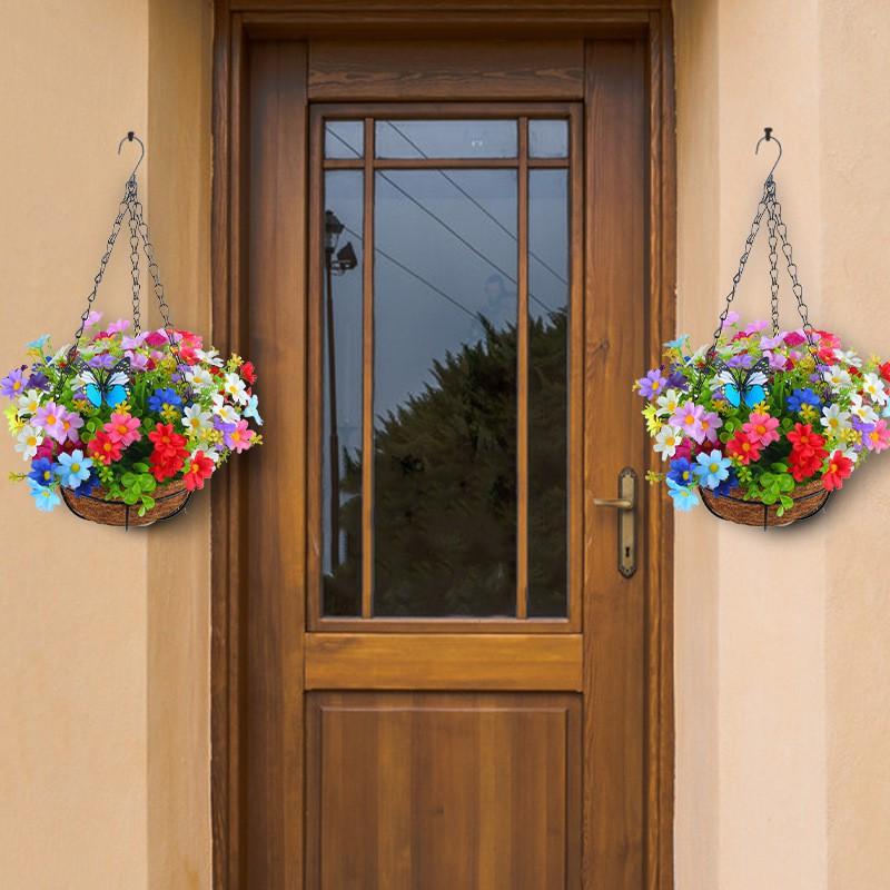 Artificial Flower Hanging Basket With Bow Decor Woven Fabric Floral Wall Home Interior Modern Dcor