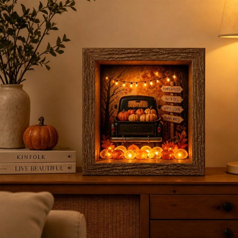 DIY Seasonal Light Box Display, Wood Case Frame Ornament with Soft Lighting for Shelf, Entry Stand, and Fall Party Use