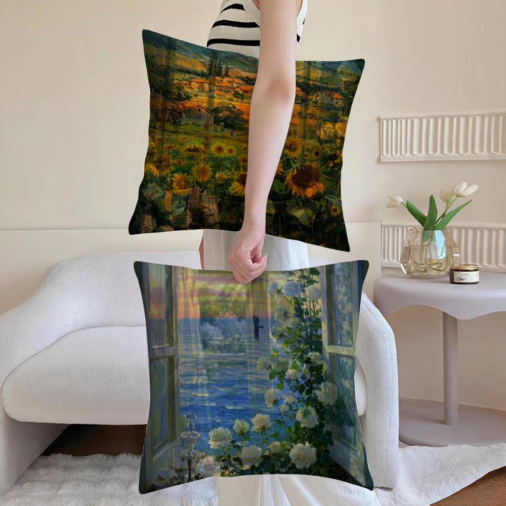 Landscape painting style Cushion Cover Antidustmite Pillowcase Invisible zipper silky short plush Sofa cushion cover