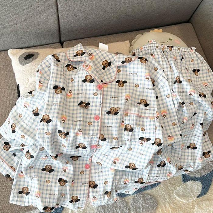 Moon Bear Cartoon Fashion Women's Pajamas Korean Style Casual Soft 2 PC Set Pajamas Autumn Long Sleepwear Lapel Neck New 2025