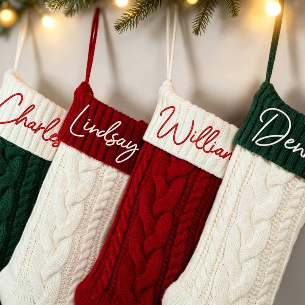 Large Knitted Wool Christmas Stocking with Embroidery - Rhombus Candy Bag Ornament