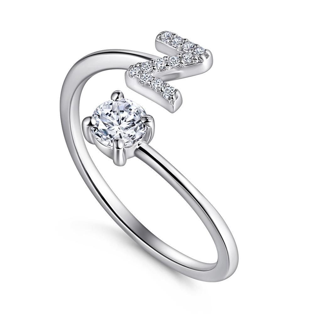 26 English A-Z Letters 925 Sterling Silver Ring Female Diamond Zircon Opening Adjustable Index Finger Ring Tail Ring