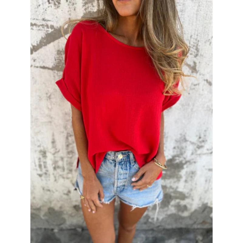 

Women s Red Solid Color Round Neck Rolled Cuff Side Split Loose T-shirt S красный