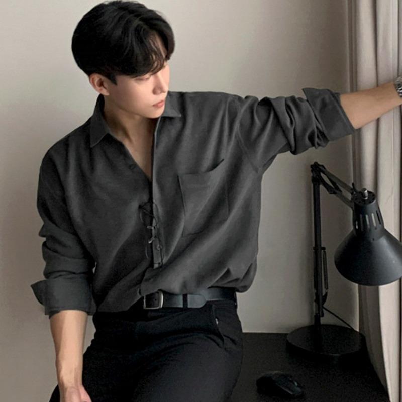 

Men s Korean Style Loose Long Sleeve Shirt 2023 Autumn Casual Solid Color Button Down Top M серый