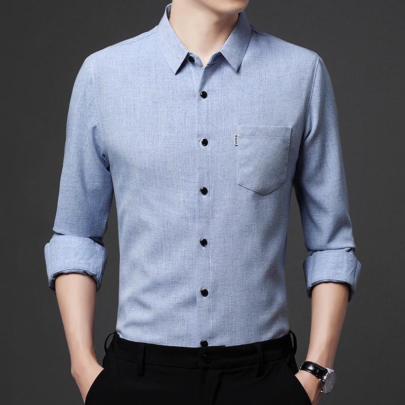 Spring New Long-sleeved Cotton and Linen Shirts for Men, Business Casual Tops, Real Pockets, Middle-aged Bottoming Shirts for Men