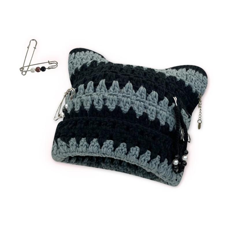 Y2K Devil Striped Knitted Hat Knitted Stripe Pattern Hat for Women Men Keep Ear Warm Hat with Paper Clip Decor