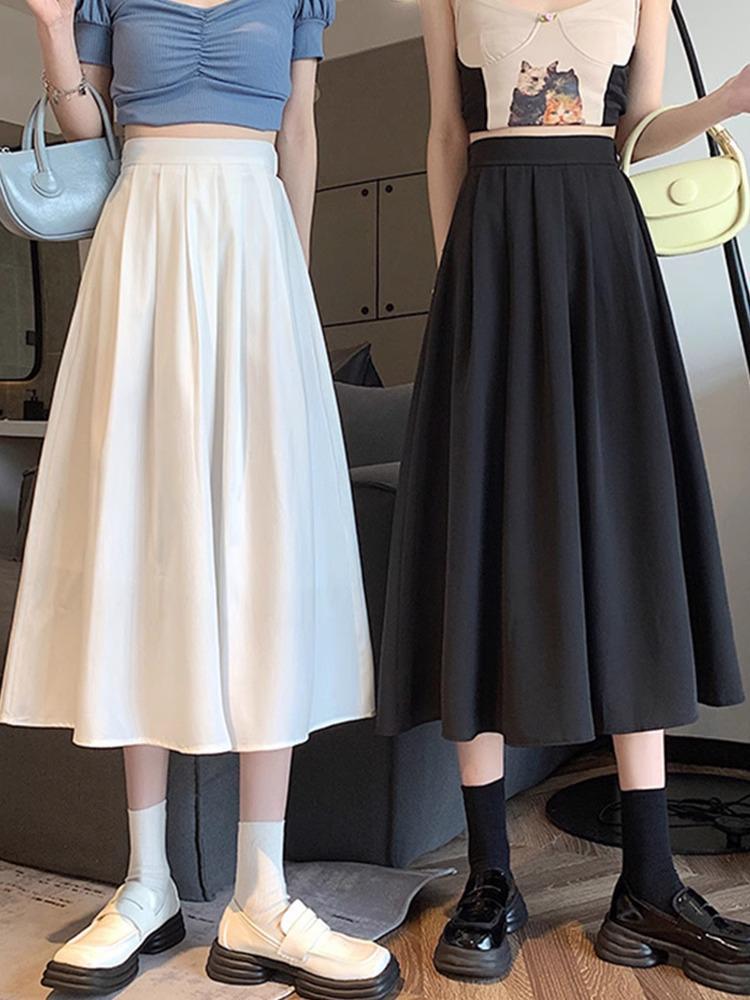 Women's Black High-Waist Pleated Slimming Midi A-line Skirt
