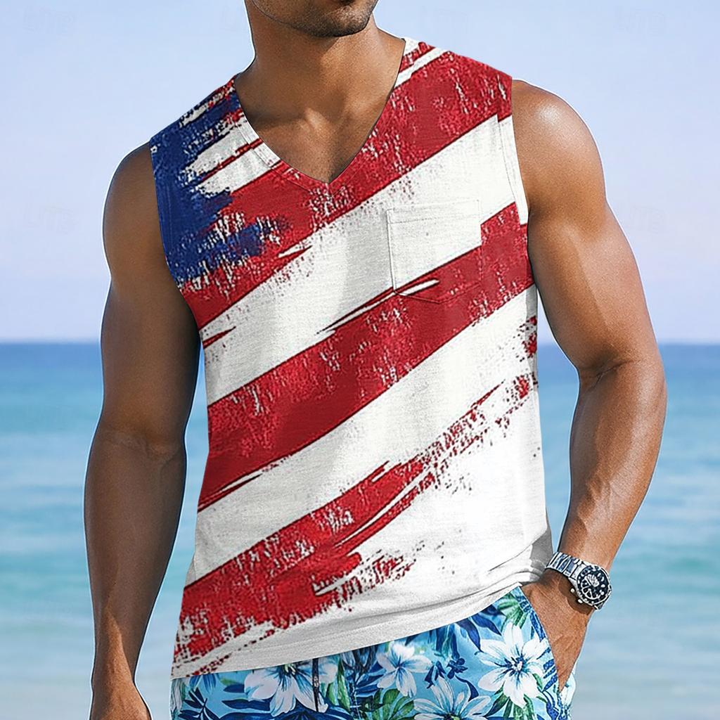 Men's Sleeveless V Neck Tank Top with Abstract Star and Stripe Print Casual Loose Fit Lightweight Shirt for Summer
