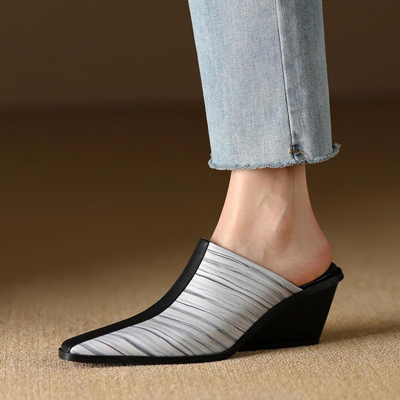 2024 New Genuine Leather Shoes Women Slippers Wedges High Heels Pointed Toe Mules Ladies Office Dress Shoes Slides Women