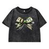 Dollar Bow Pattern Printing Women Washed Short Clothes Fashion Tshirts Street Distress Tops Cool Midriff-Baring T Shirts