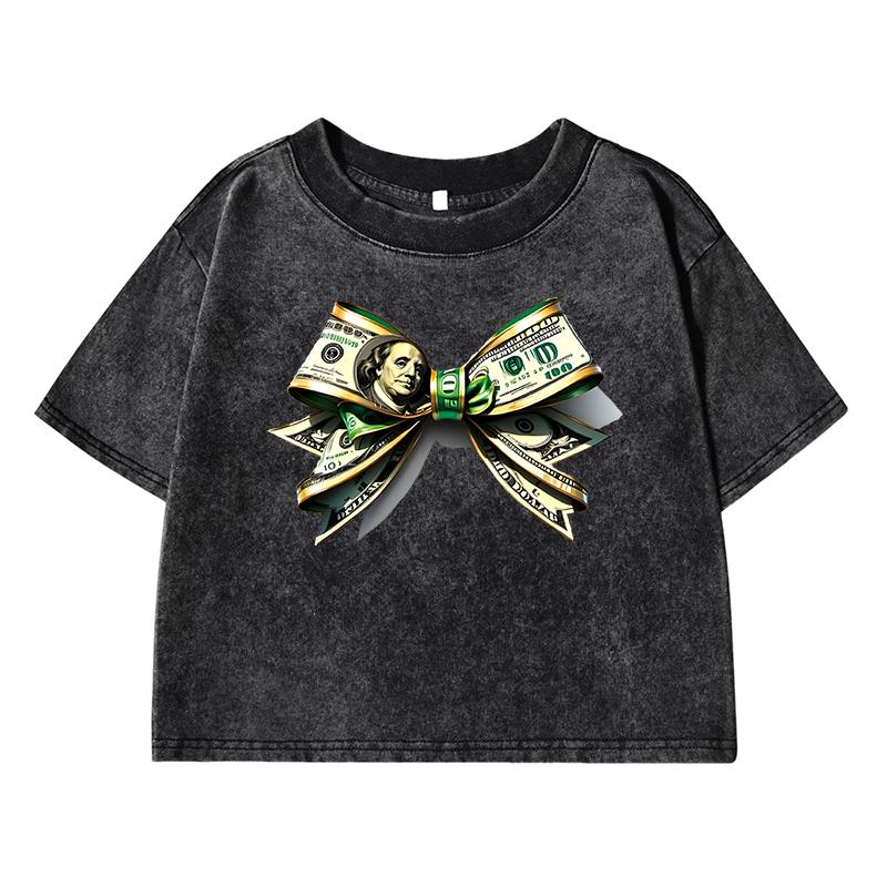 Dollar Bow Pattern Printing Women Washed Short Clothes Fashion Tshirts Street Distress Tops Cool Midriff-Baring T Shirts