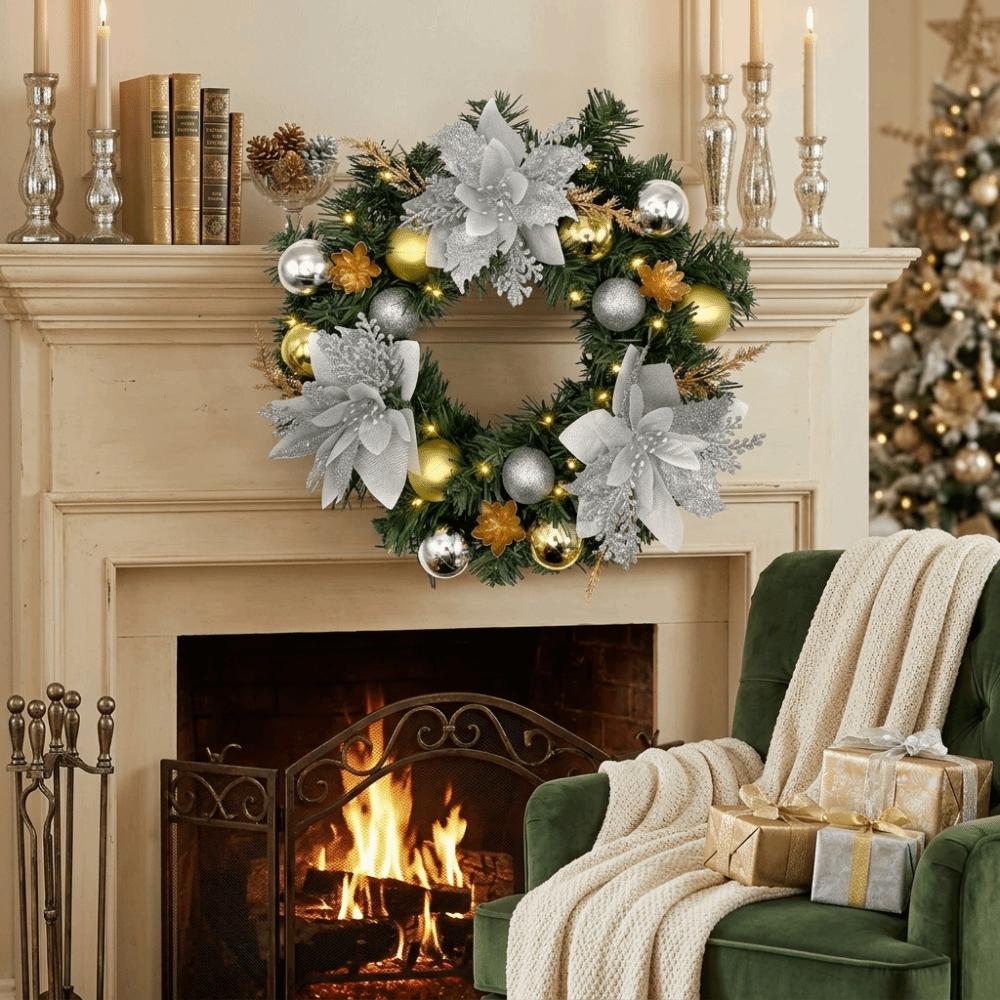 Red Flower Christmas Wreath Realistic Design Faux Greenery Wreath Xmas Artificial Garland  Holiday