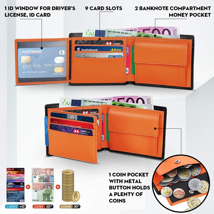 Men's Genuine Leather RFID Slim Wallet, Multi-card Holder with Coin Pocket, Fashionable Color Block Design