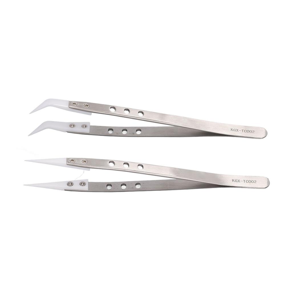 2Pcs Maintenance Tweezers Stainless Steel Ceramic Straight Curved Tweezers Electronic Repair Tools