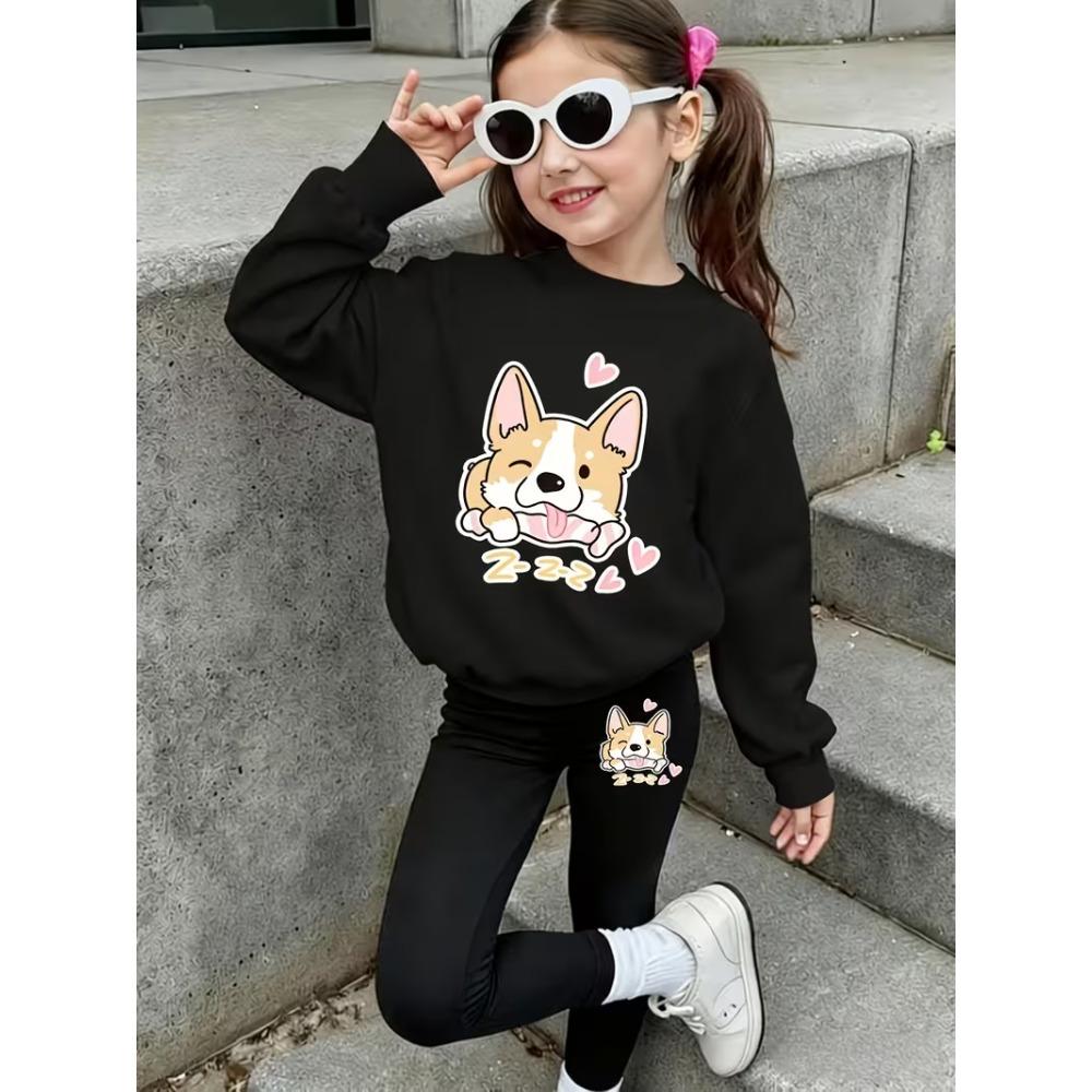 Girls' Cute Corgi Casual Comfortable Soft Loose Pullover Sweatshirt and Leggings 2-Piece Set, New Autumn/Winter, Playful, Sweet and Cool Style