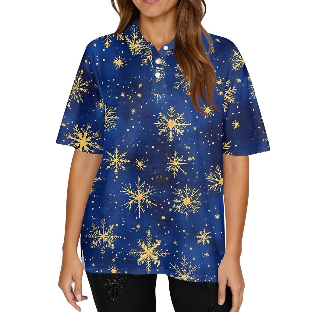 Women's Fashion Casual Lapel Short Sleeve Christmas Print Shirt Women's Button Up Tops