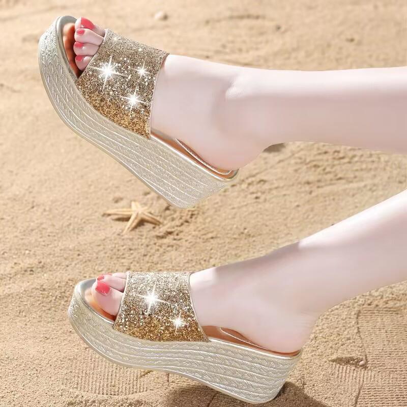 Lucyever Gold Silver Sequins Wedges Slippers for Women 2024 Summer Open Toe Platform Sandals Woman High Heels Slides Ladies 40