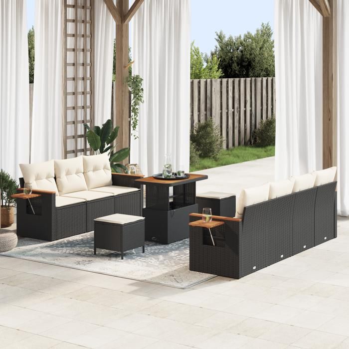 Ensemble de canapé de jardin vidaXL 10 pièces avec coussins Noir Poly Rattan Acacia, Ensemble de salle à manger jardin 3365090