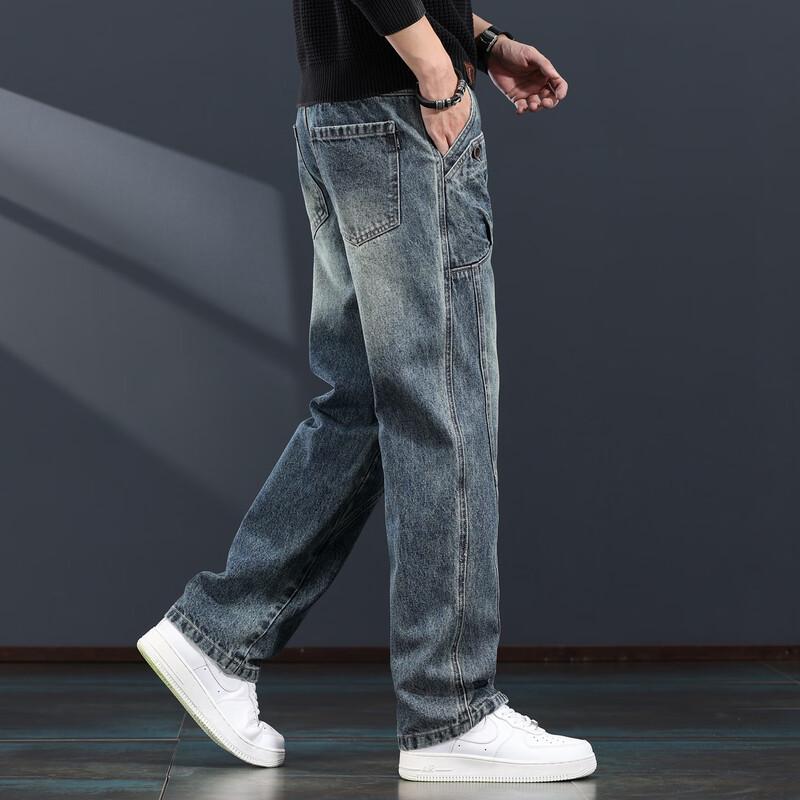 Jieluonuo Men's American Retro Loose Straight-Leg Washed Jeans