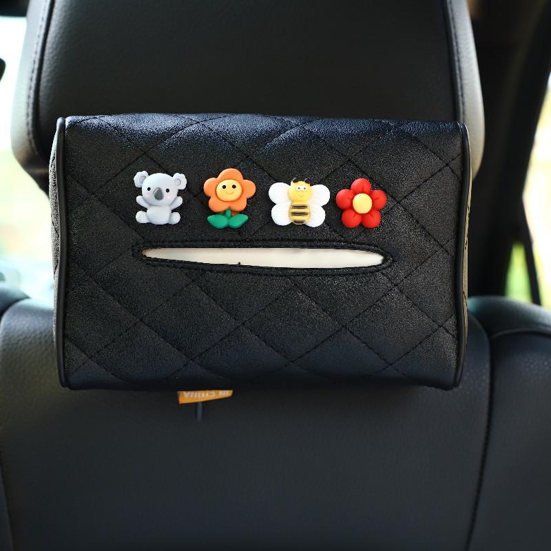 Leather Car Tissue Box Cartoon Cute Car Seat Back Hanging Drawout Box Multifunctional Armrest Box