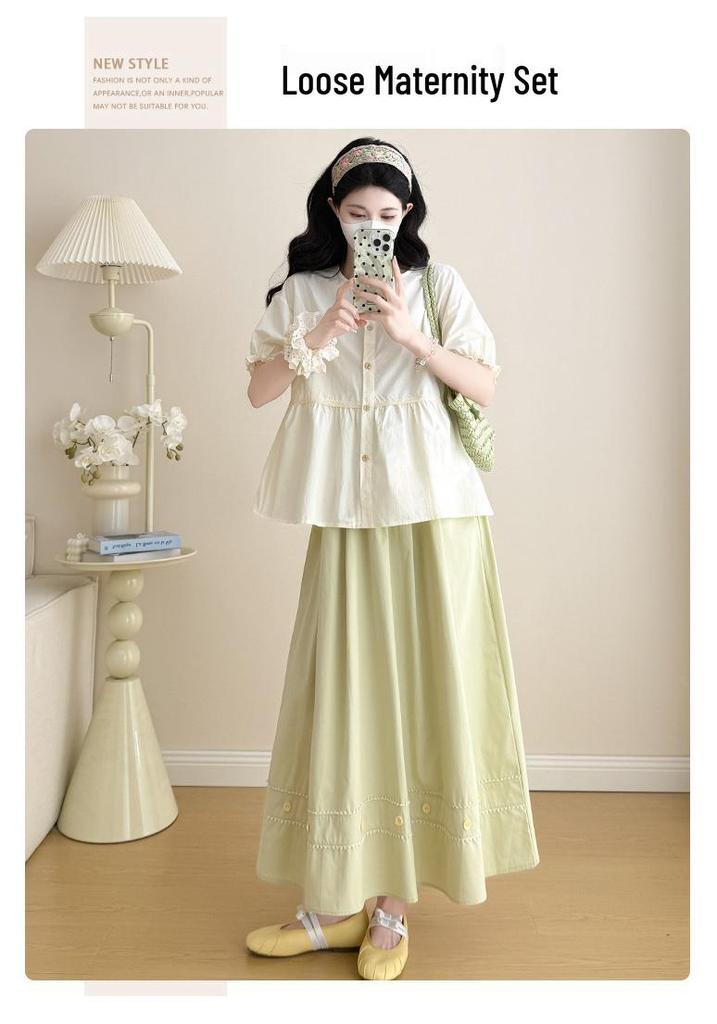 2026 Stylish & Chic Apricot Doll Blouse with Round Neck + Fresh Green Midi Skirt