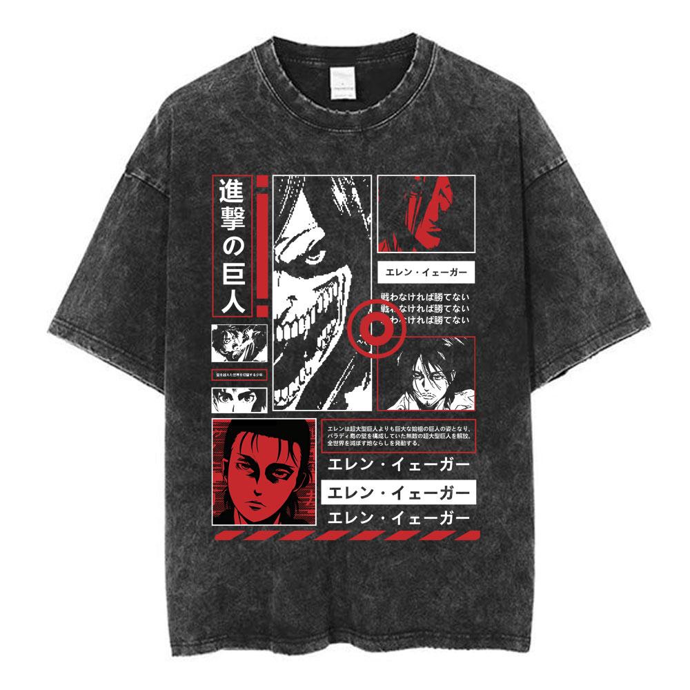 Anime Attack on Titan Washed T Shirt Men Cotton Casual Short Sleeve T-shirt Manga Levi Ackerman Oversized T-shirts Streetwear