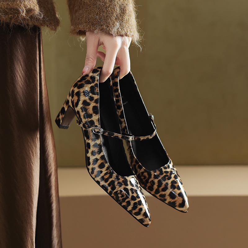 Fashion Genuine Leather Women Pumps Shallow Mary Jeans Strap Single Shoes 6cm Square High Heels Leopard Print Prom Party Sapatos Mujer