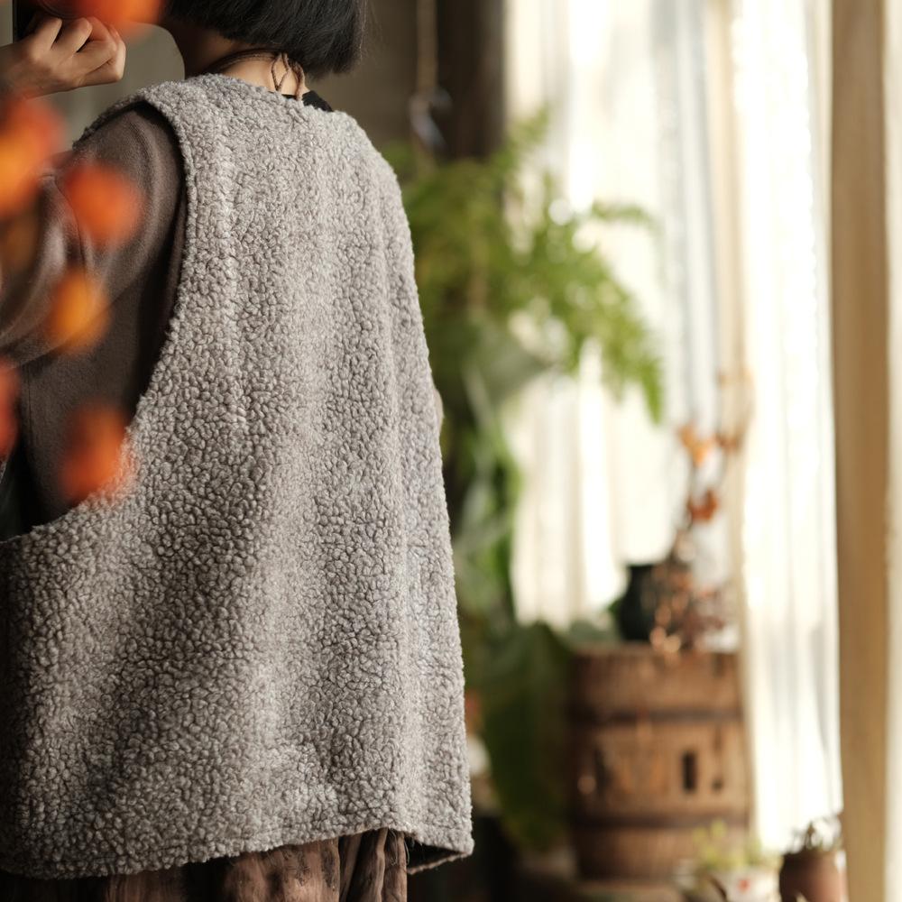 Johnature Dámské vintage bezrukávové kabáty Šedé patchworkové kapsy Knoflík Jaro O-výstřih Čínský styl Dámské kabáty