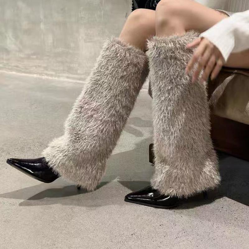 Mode Pelz Damen Hohe Stiefel Spitzschuh Hohe Absätze Luxusschuhe Warm Mode Frau Schneestiefel 2025 Designer Sexy Elegant Botas De Mujer