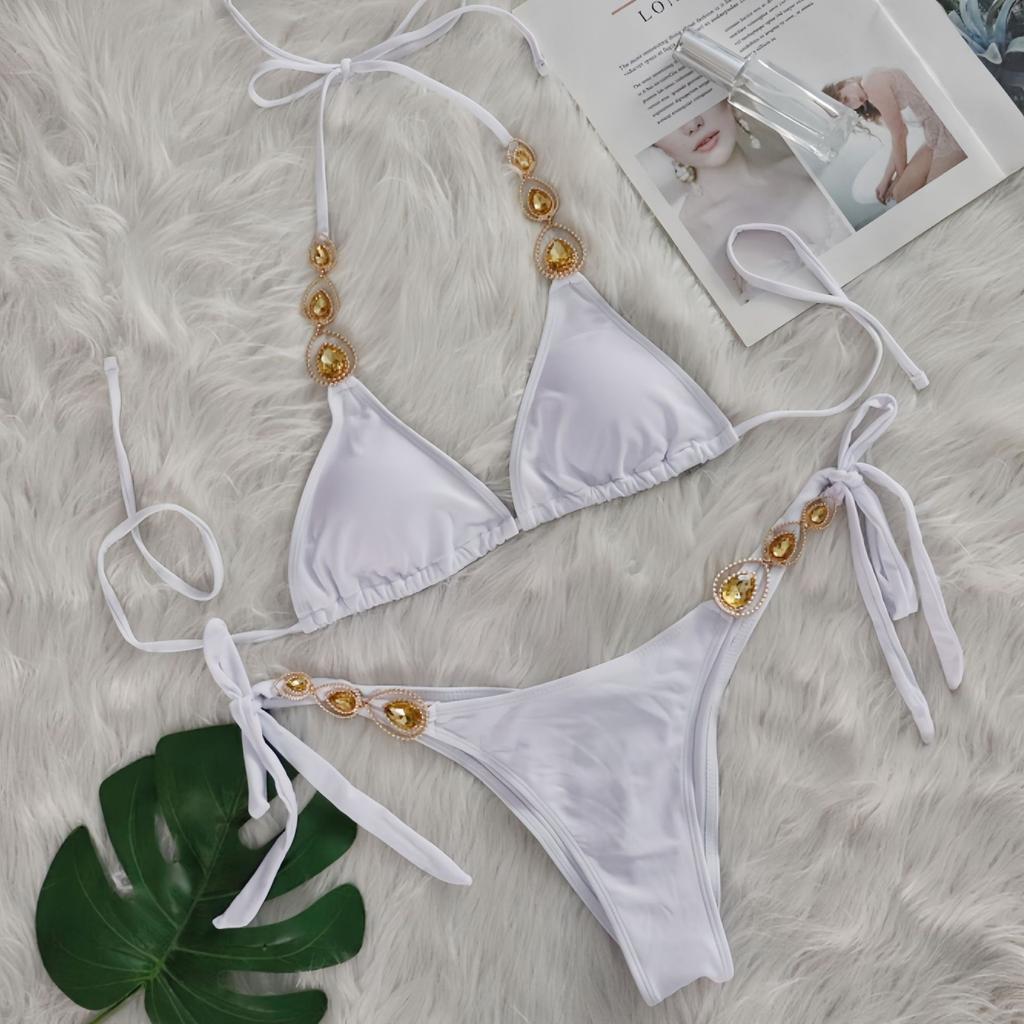 Damen Zweiteiler Bikini Set Verstellbare Binde Seiten Kein Bügel BH Badeanzug