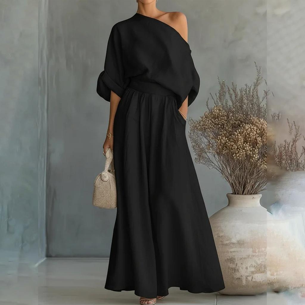 Conjunto de Dos Piezas Elegante para Mujer: Top de Hombros Descubiertos con Cinturón y Pantalones