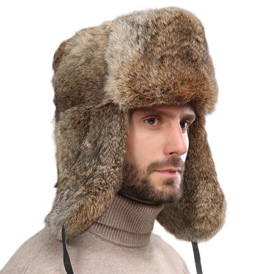 Wintermütze für Herren, warme Bombermütze aus Kaninchenfell mit Ohrenklappen, Wintermütze für Unisex, warme Mütze aus Kaninchenfellimitat