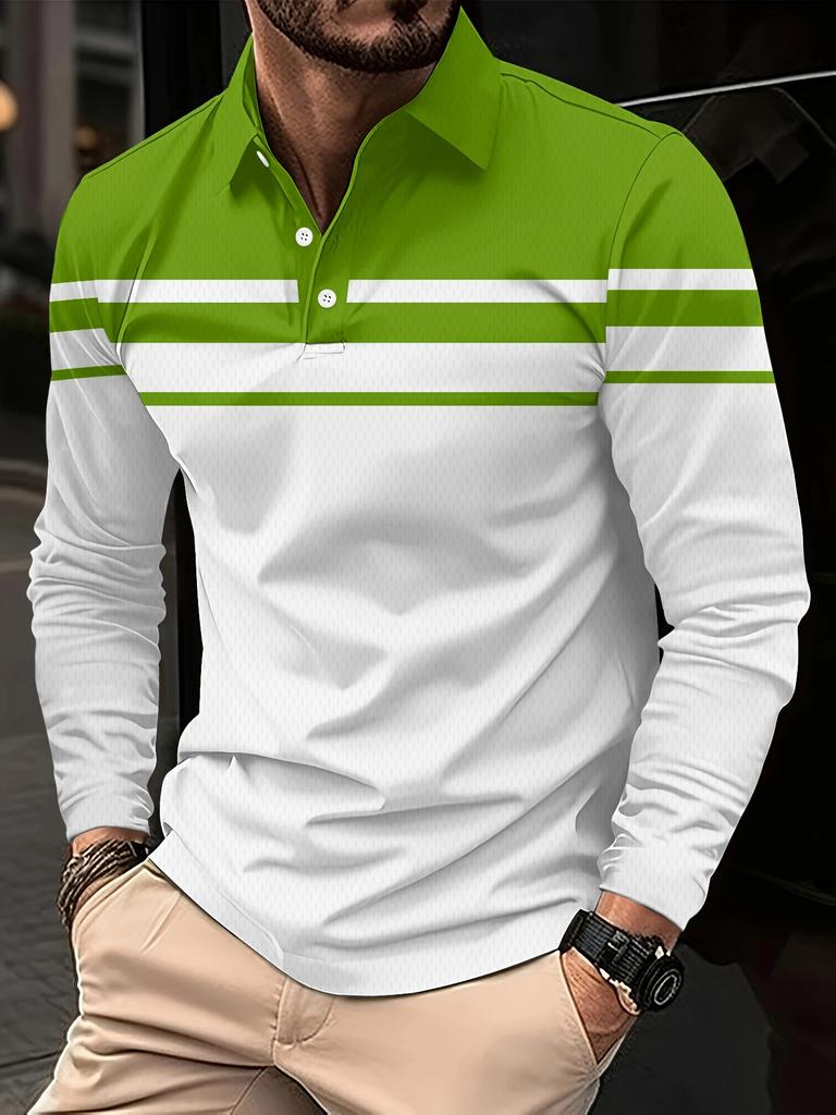New classic striped printed polo shirt for men, long-sleeved, autumn casual and comfortable, suitable for button polo shirt, str