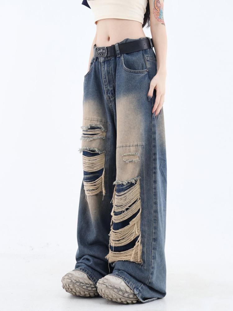 Gothic Black Jeans High Waist Vintage Women Korean Fashion Y2k Streetwear Ripped Pants Female Harajuku Casual Wide Leg Denim Trousers