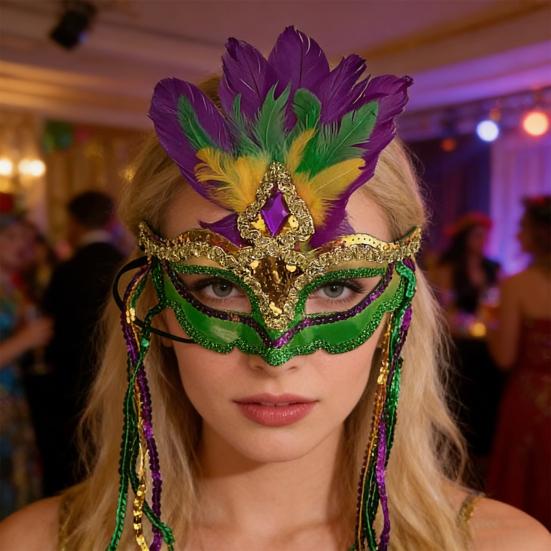 Mardi Gras Feather Masque for Women Masquerade Sequin Venetian Carnival Masuqe with Tassel for Halloween Party Cosplay Costume