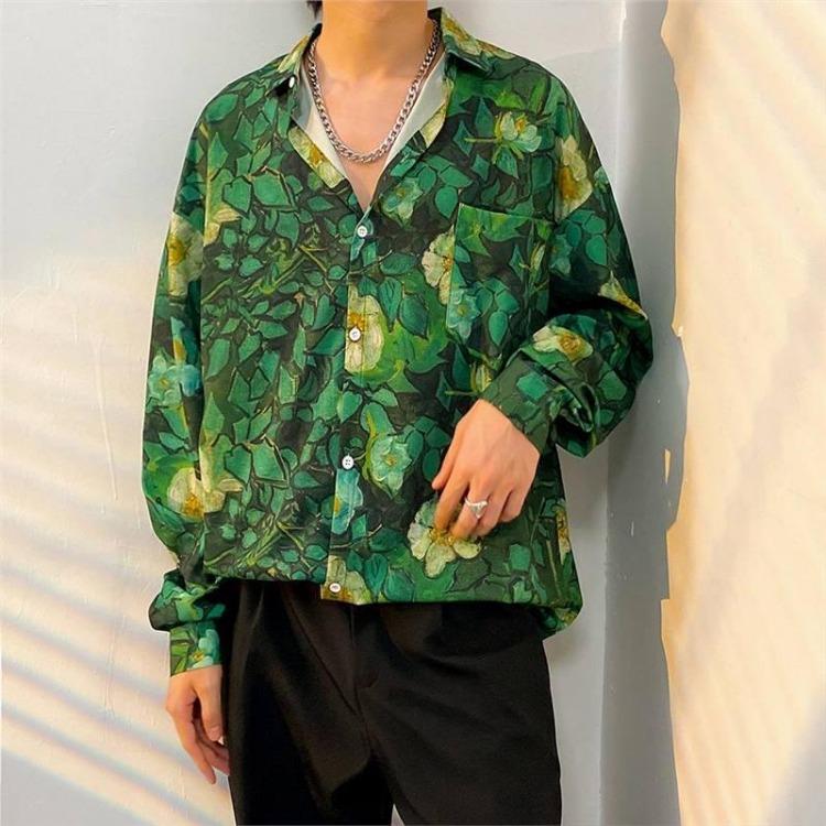 Retro Hong Kong Style Men's Floral Shirt Casual All-Match Jacket Japanese Korean Style Trendy Spring Autumn Fashion