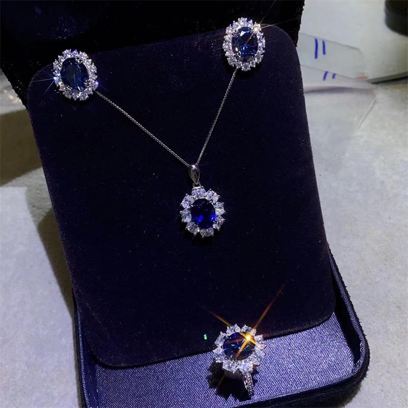 Sapphire Moissanite Princess Diana Necklace, Ring, and Earrings Set - Perfect Engagement or Best Friend Gift