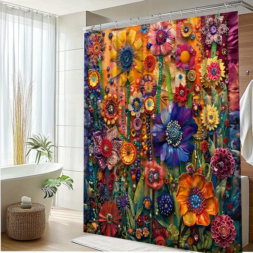 Rideau de douche étanche à motif floral vibrant pour salle de bain, Rideau de séparation de toilettes haut de gamme avec design de jardin artistique