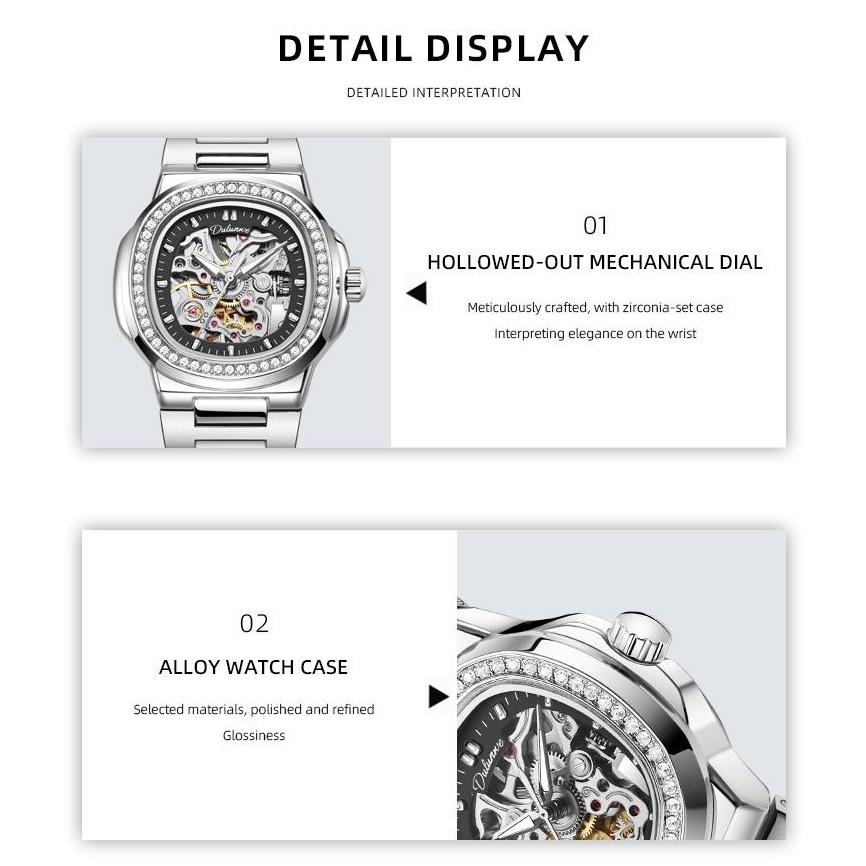Skeleton Mechanical Watches Rose Gold Case Diamond Bezel Luminous Waterproof Fluororubber Strap Watch